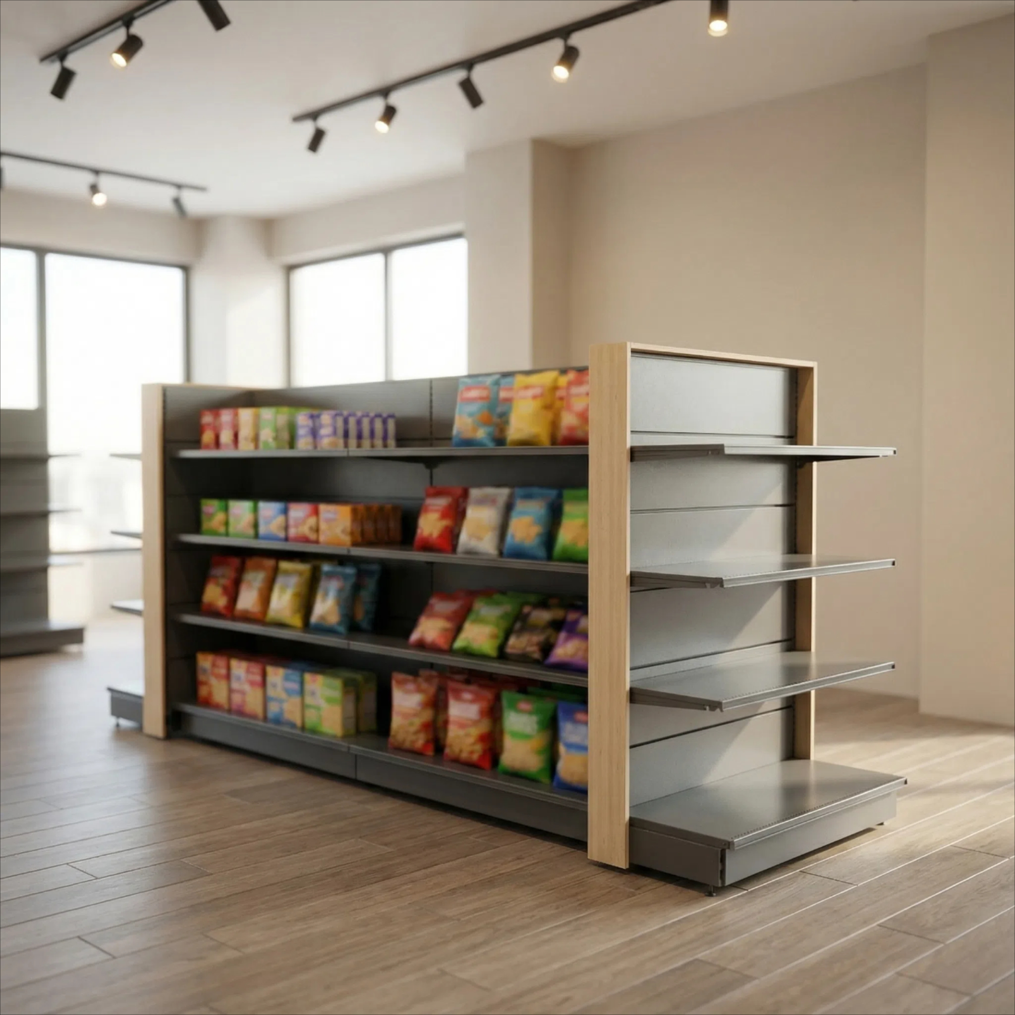رفوف تخزين تجارية قابلة للتعديل متعددة الوظائف ذات 4 طبقات ومزدوجة الجوانب للمتاجر ومحلات البيع بالتجزئة والمتاجر الكبرى 1
