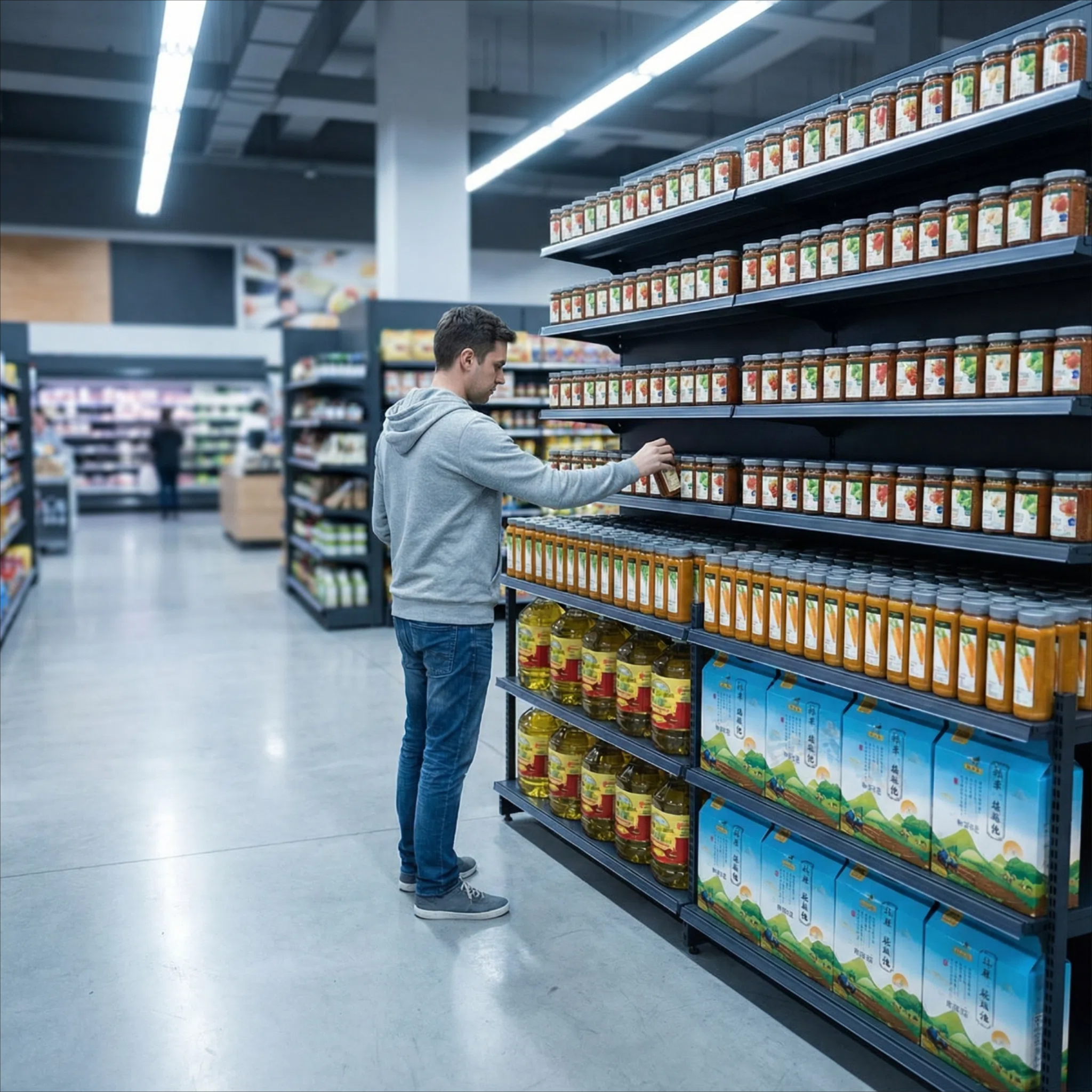 وحدة رفوف قابلة للتعديل لمتاجر البقالة التجارية، رف عرض من الفولاذ الأسود للبيع بالتجزئة لتنظيم الأطعمة والمشروبات 1