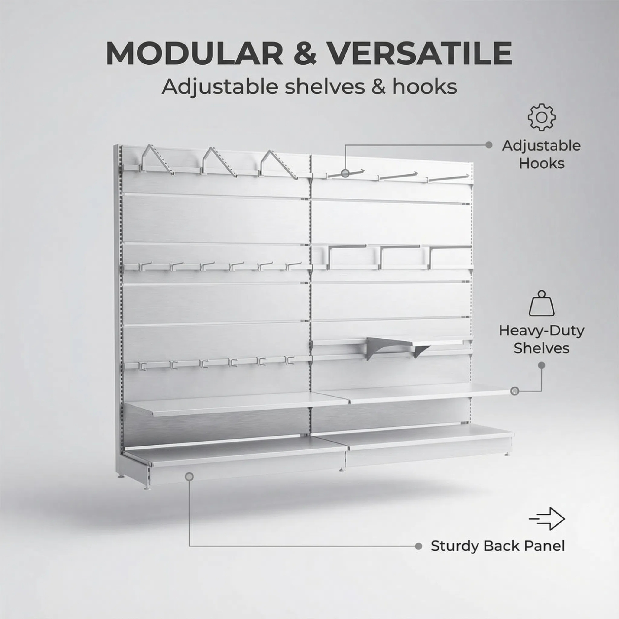 Étagère métallique réglable à plusieurs niveaux pour supermarché, présentoir robuste pour commerce de détail. 1