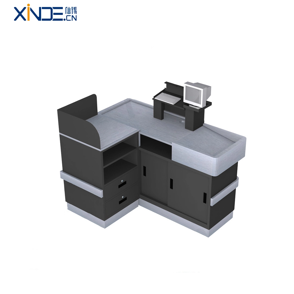 Mostrador de caja minorista, mesa de caja comercial de metal con gabinetes de almacenamiento 1