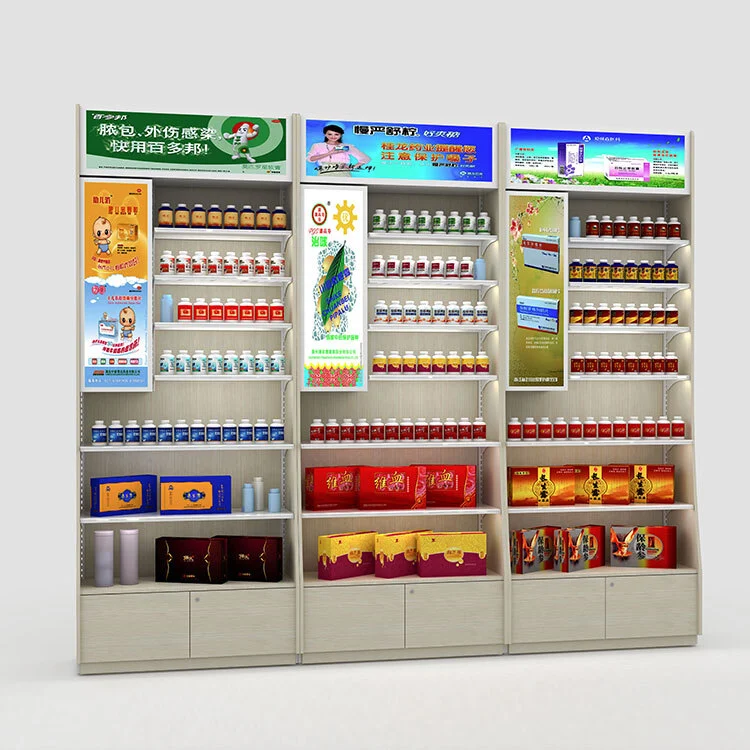Expositores de farmacia duraderos con encabezado publicitario para productos médicos 1