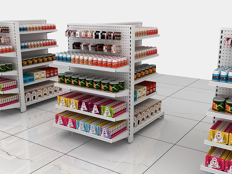 Двусторонние полки для продуктовых магазинов с перфорированной задней панелью для розничной демонстрации товаров. 1