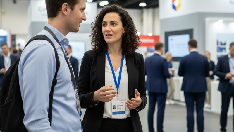 Attendee wearing a branded custom lanyard during networking at a trade show