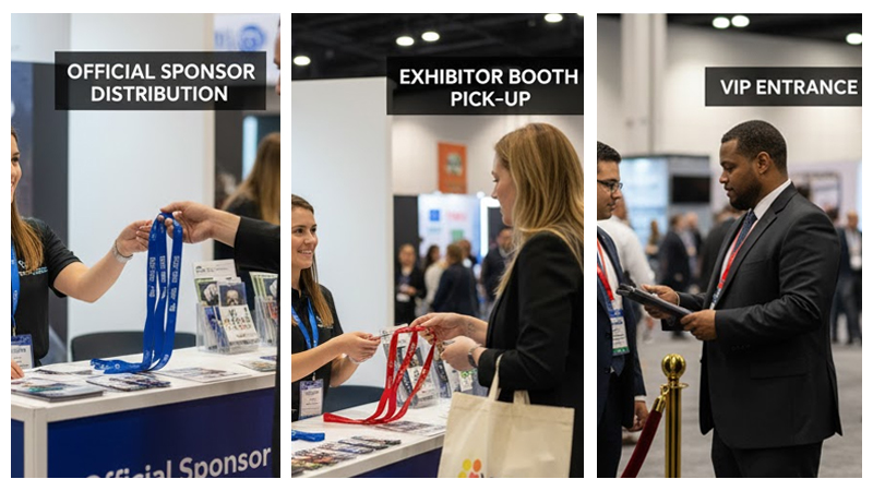 Three trade show lanyard distribution strategies: official sponsor lanyards, booth giveaways, and VIP segmented designs