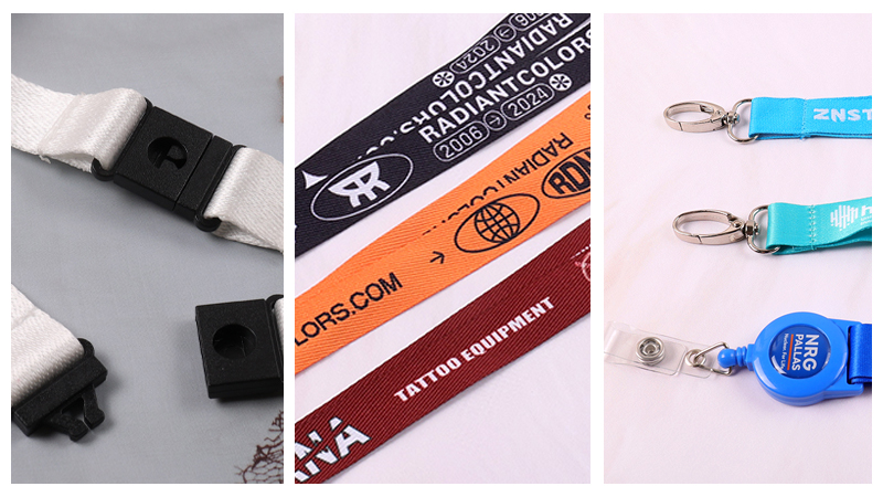 Close-up of custom lanyard features including soft material, safety breakaway, and quick-release buckle for all-day wear