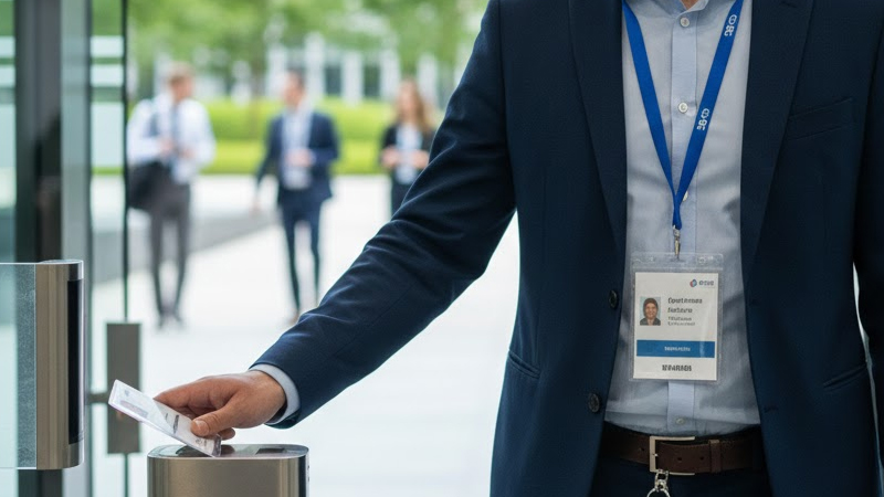 Employee using a custom lanyard with an ID badge after the trade show, extending brand exposure beyond the event