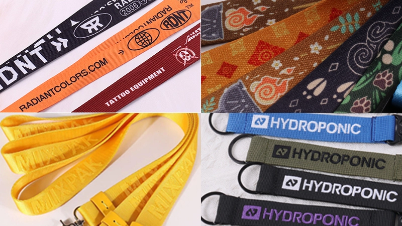 Comparison of lanyard printing methods: screen printing, dye sublimation, and heat transfer with logo detail examples