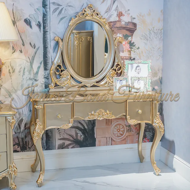 Classic Makeup Table Factory Mahogany Solid Wood/ Black Walnut Veneer/ Pure Copper Plated 24K Gold/ Gold Leaf/ 3D Piano Painting 2