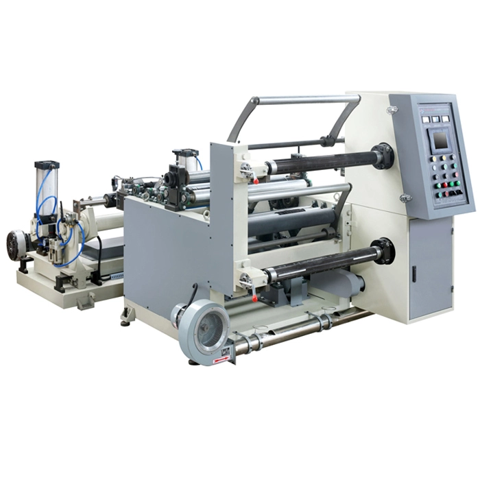 Máquina cortadora y rebobinadora para papel, película o cinta con dispositivo de descarga rápida 1