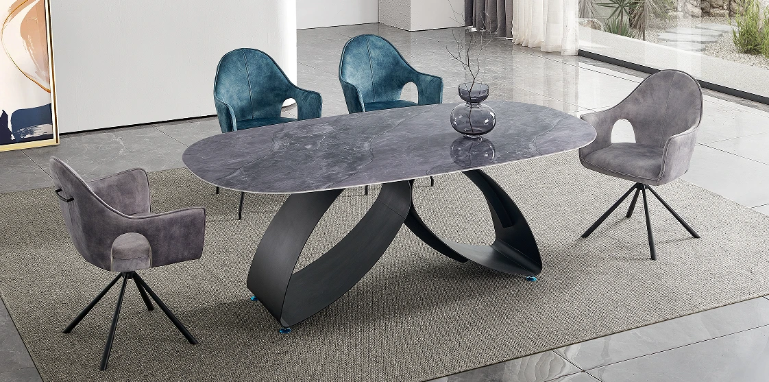 Restaurant Home Furniture Restaurant Stone Tablet Set Luxury Rectangular Stone Tablet Dining Table Set 6 Seats 1