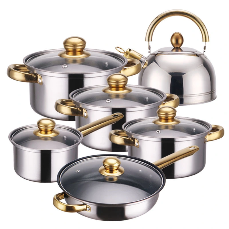 Sistema de utensilios de cocina antiadherente de acero inoxidable con mango dorado 1