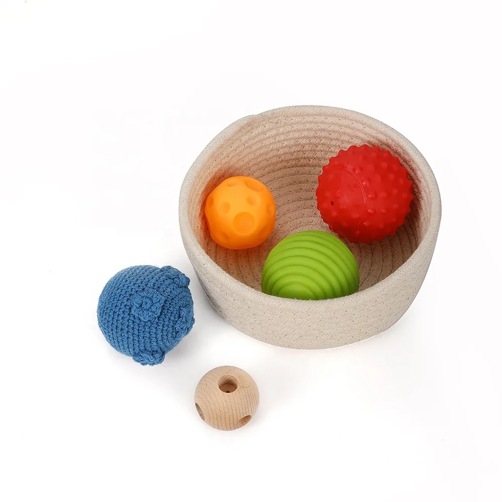5pcs New Kids Baby Safe Sensory Squeeze Wooden Silicone Balls Sets With Basket 1