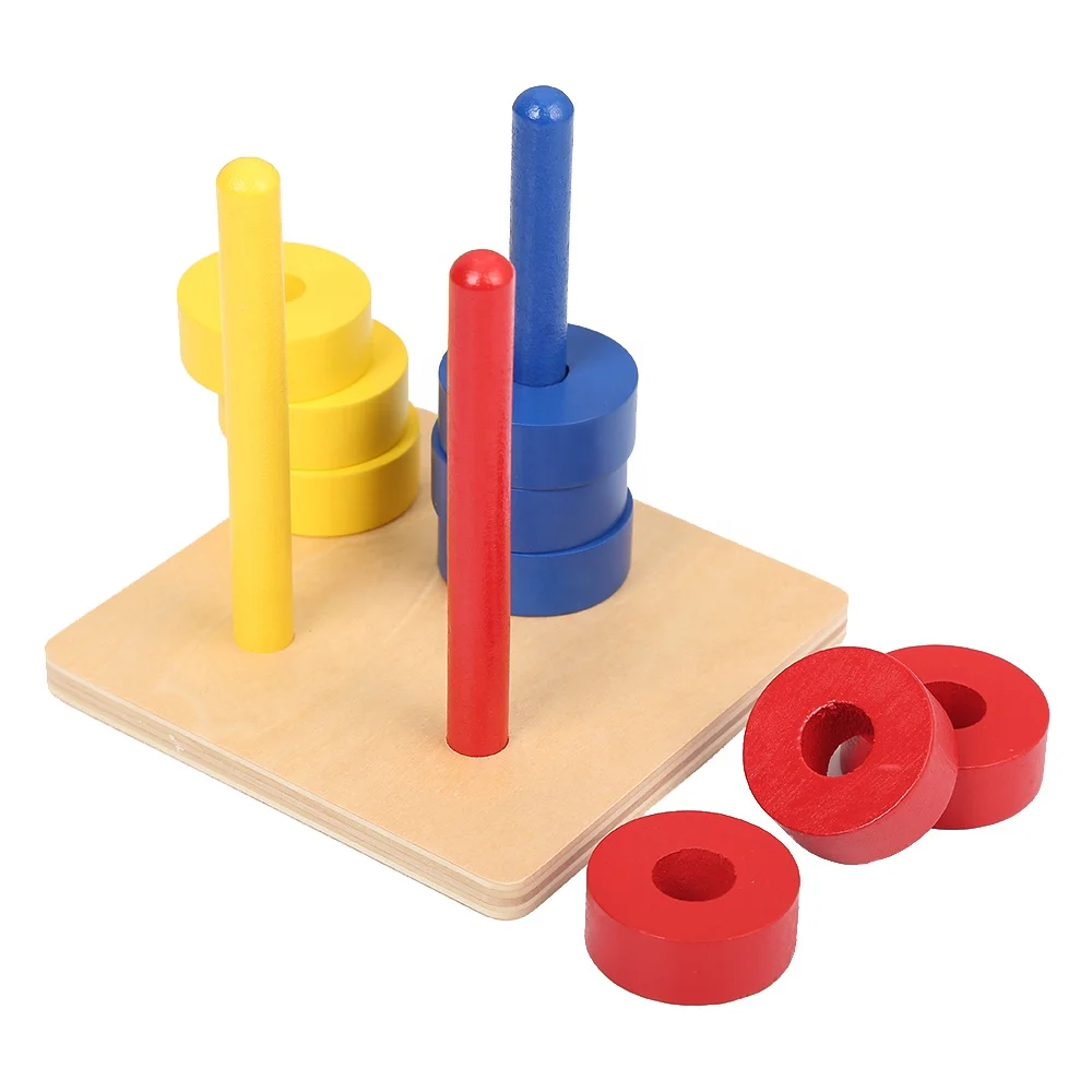 Đồ chơi giáo dục bằng gỗ cho trẻ mới biết đi Montessori thân thiện với môi trường - Đĩa màu trên 3 chốt màu 4