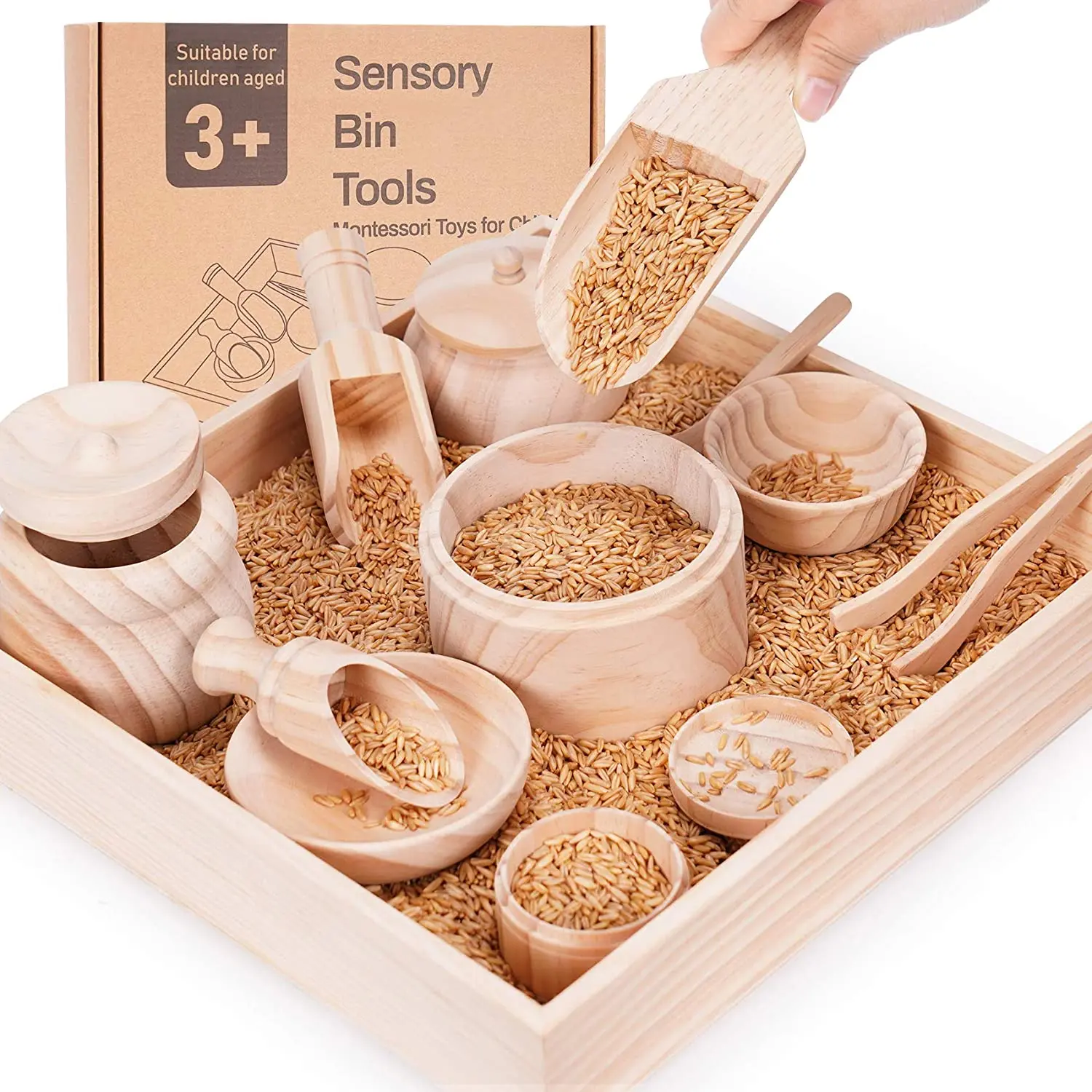 Đồ chơi nhà bếp DIY bằng gỗ Montessori với dụng cụ thùng cảm giác 1