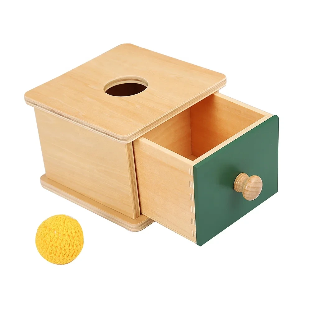 Wooden Infant Imbucare Box With Yellow Knitted Ball - Montessori Educational Toy 1