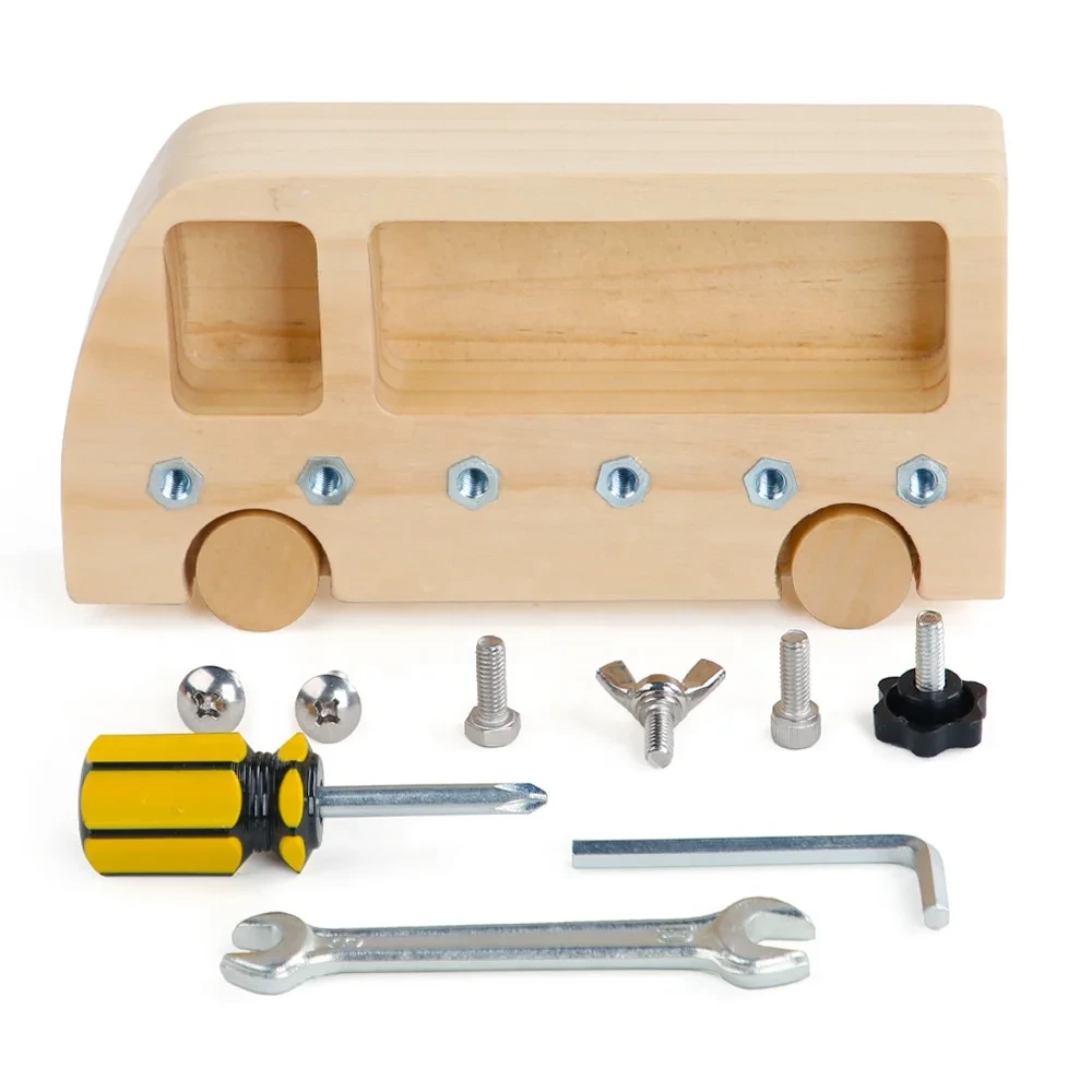 Montessori Baby Lock Box Wooden Screw Car Driver Toy Set 1