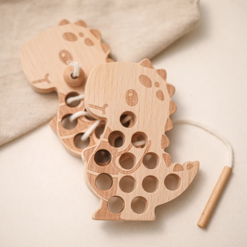 Juego de enhebrado de dinosaurios de madera Montessori para juguetes educativos 4