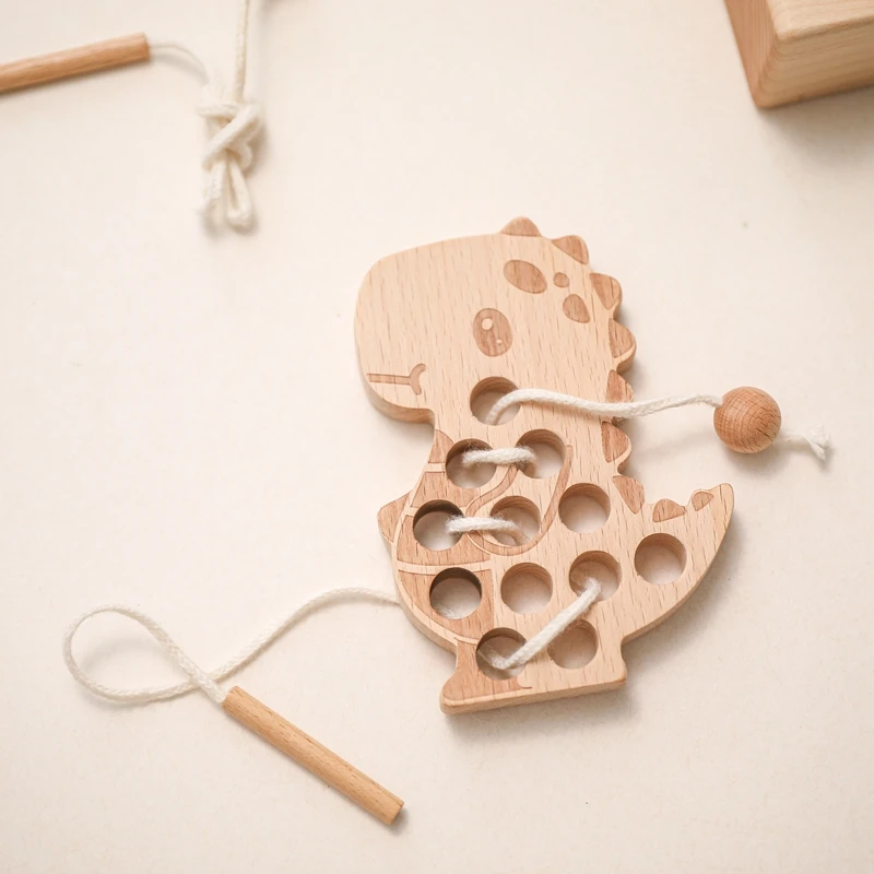 Juego de enhebrado de dinosaurios de madera Montessori para juguetes educativos 5