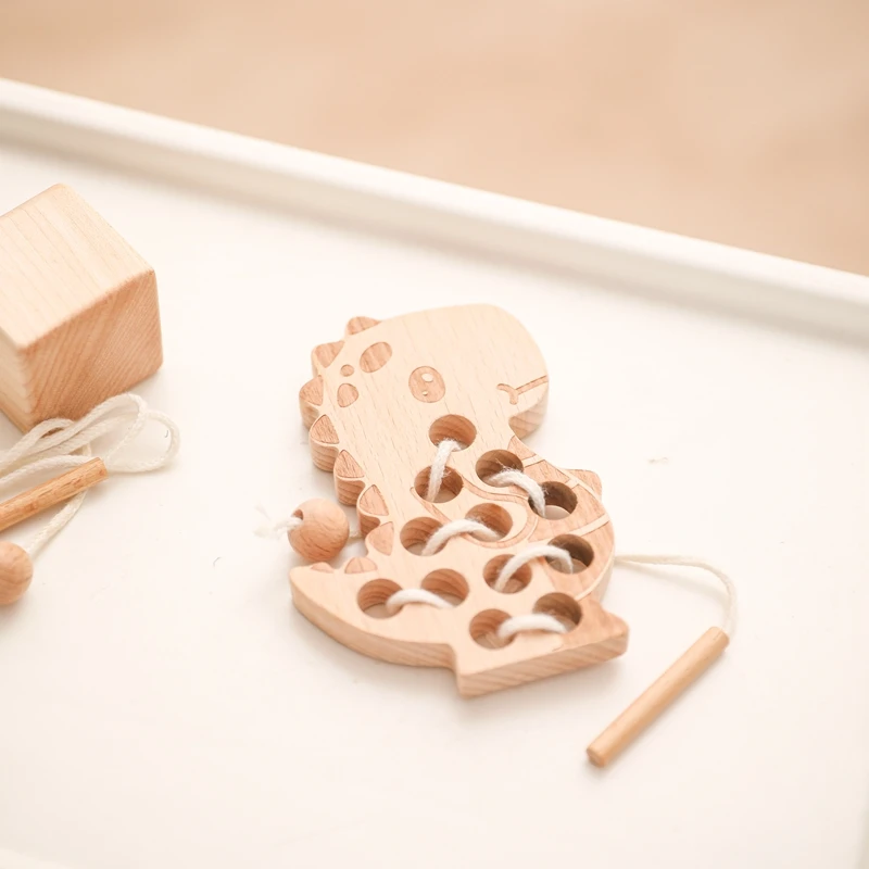 Juego de enhebrado de dinosaurios de madera Montessori para juguetes educativos 6