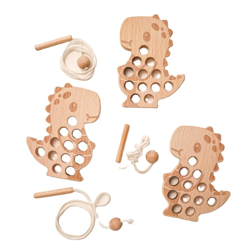 Juego de enhebrado de dinosaurios de madera Montessori para juguetes educativos 2