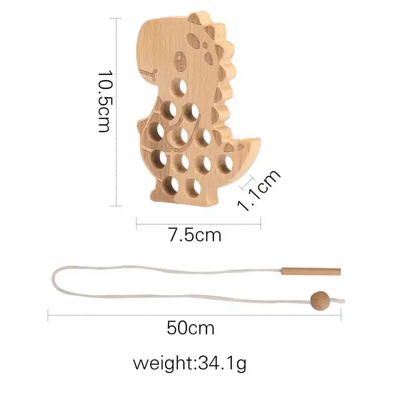 Juego de enhebrado de dinosaurios de madera Montessori para juguetes educativos 7