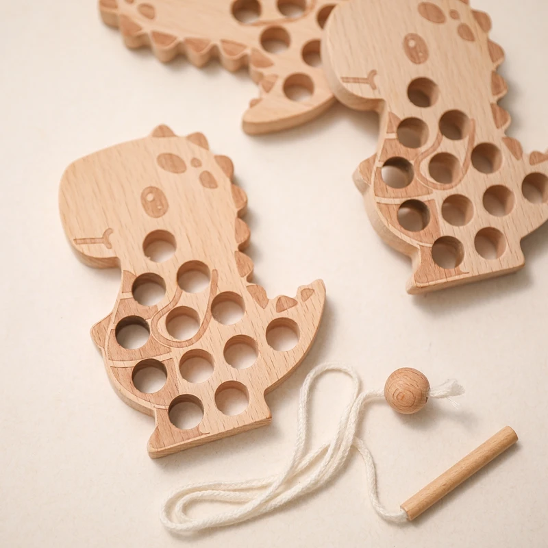 Juego de enhebrado de dinosaurios de madera Montessori para juguetes educativos 3