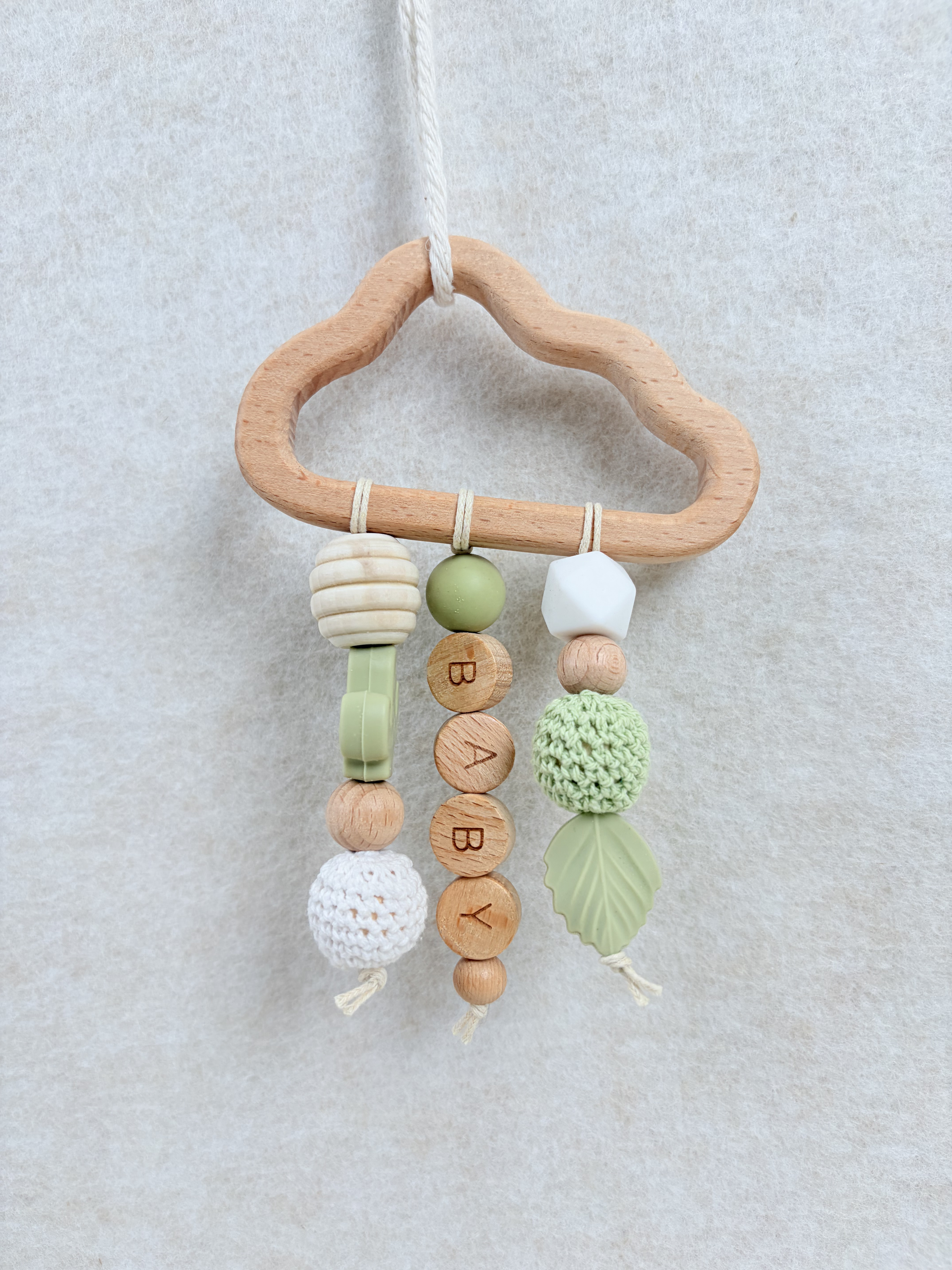 Đồ chơi treo nôi bằng gỗ hình đám mây Montessori cho bé, hạt silicon gặm nướt, lục lạc treo xe đẩy cho bé từ 0-24 tháng tuổi. 1