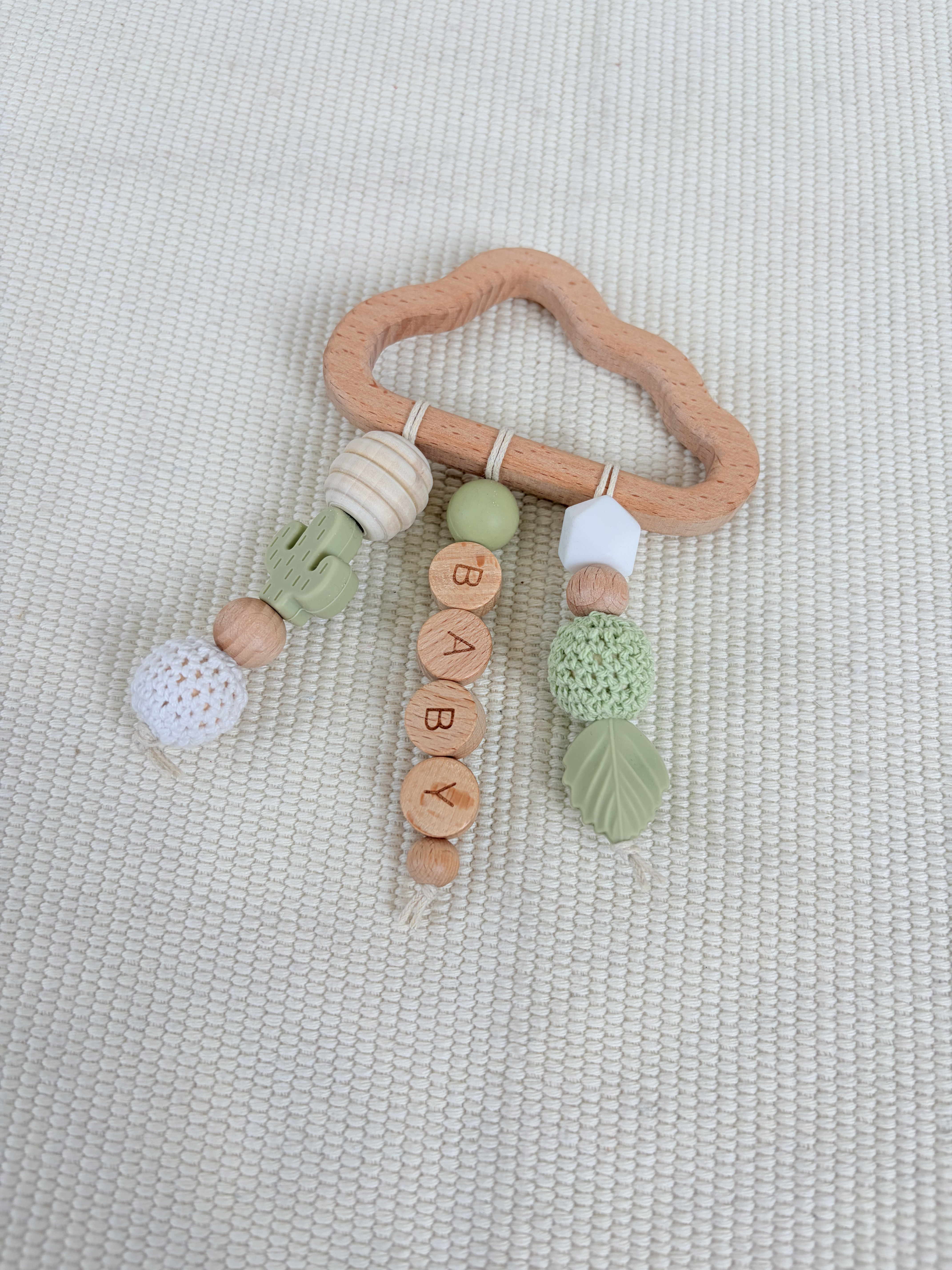 Đồ chơi treo nôi bằng gỗ hình đám mây Montessori cho bé, hạt silicon gặm nướt, lục lạc treo xe đẩy cho bé từ 0-24 tháng tuổi. 2