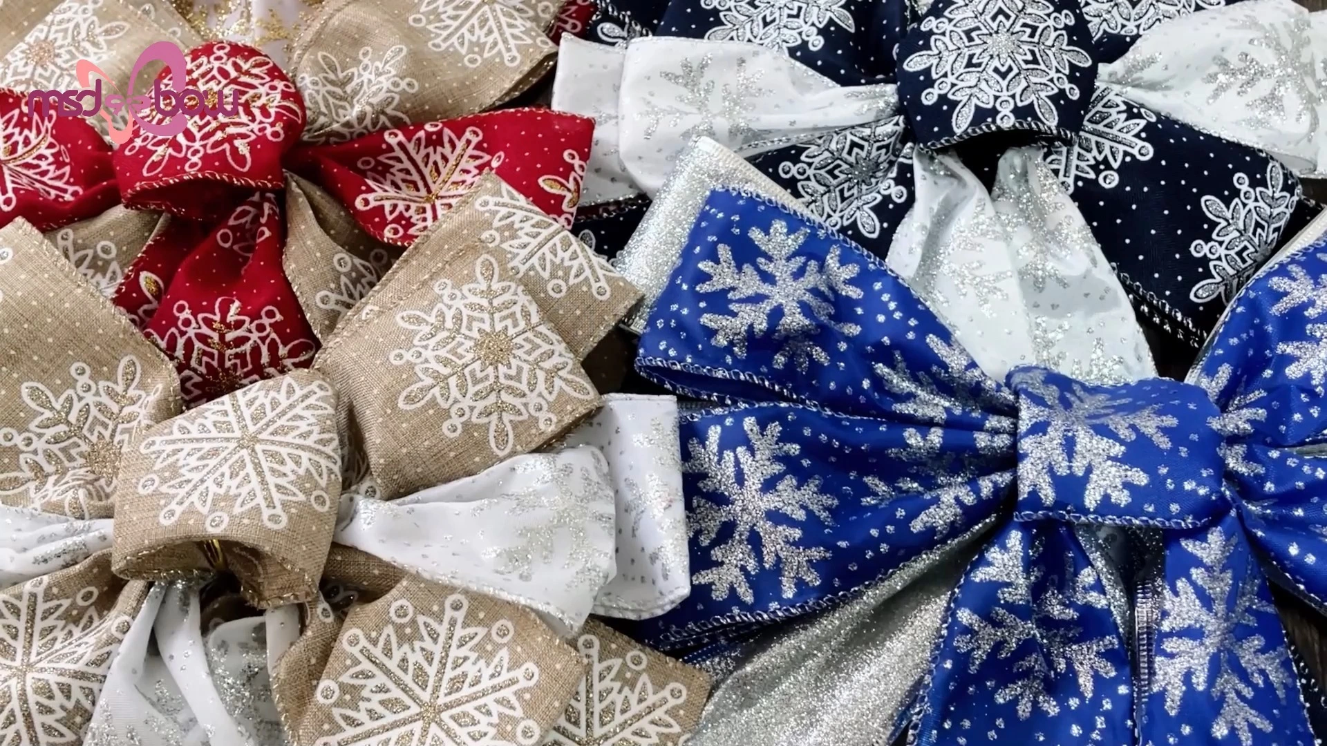 MSD Christmas Snow and Silver Gold Wired Ribbon Bows With Glitter print Wired edge Decorations Ribbon Bow For Wreath Party and Tree Decoration 1