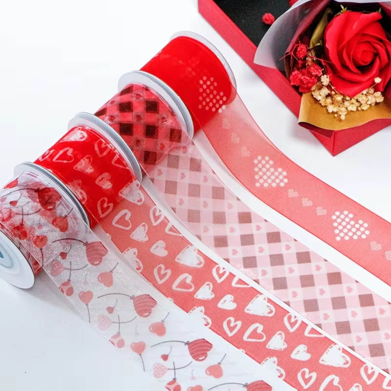 MSD Ribbon Gift Flowers and Greeting Cards Packaging Valentine's Day Heart&Love Print Organza Ribbon 1