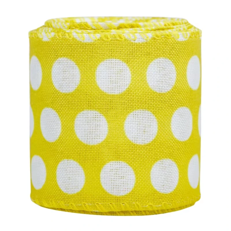 Polka Dot Wired Edge Ribbon 2.5 Inches Summer Spring Burlap Ribbon Lemon Dot Wide Decorative Lemon Ribbon for Wrapping 1