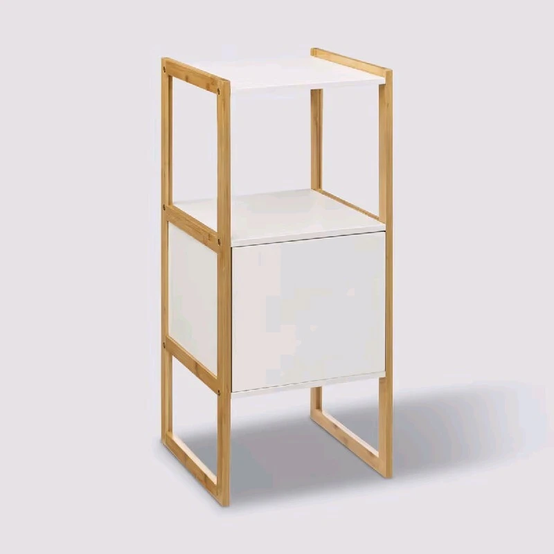 Lavabo de madera de bambú con puertas y fregadero de almacenamiento, mueble bajo blanco 1
