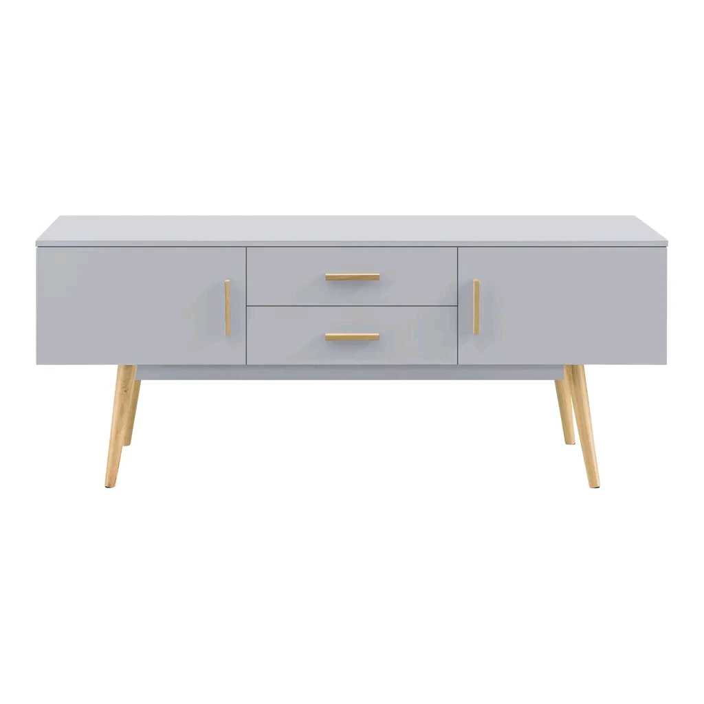 Mesa consola para TV de madera con almacenaje y cajón salón gris 140 x 40 x 56 cm 1