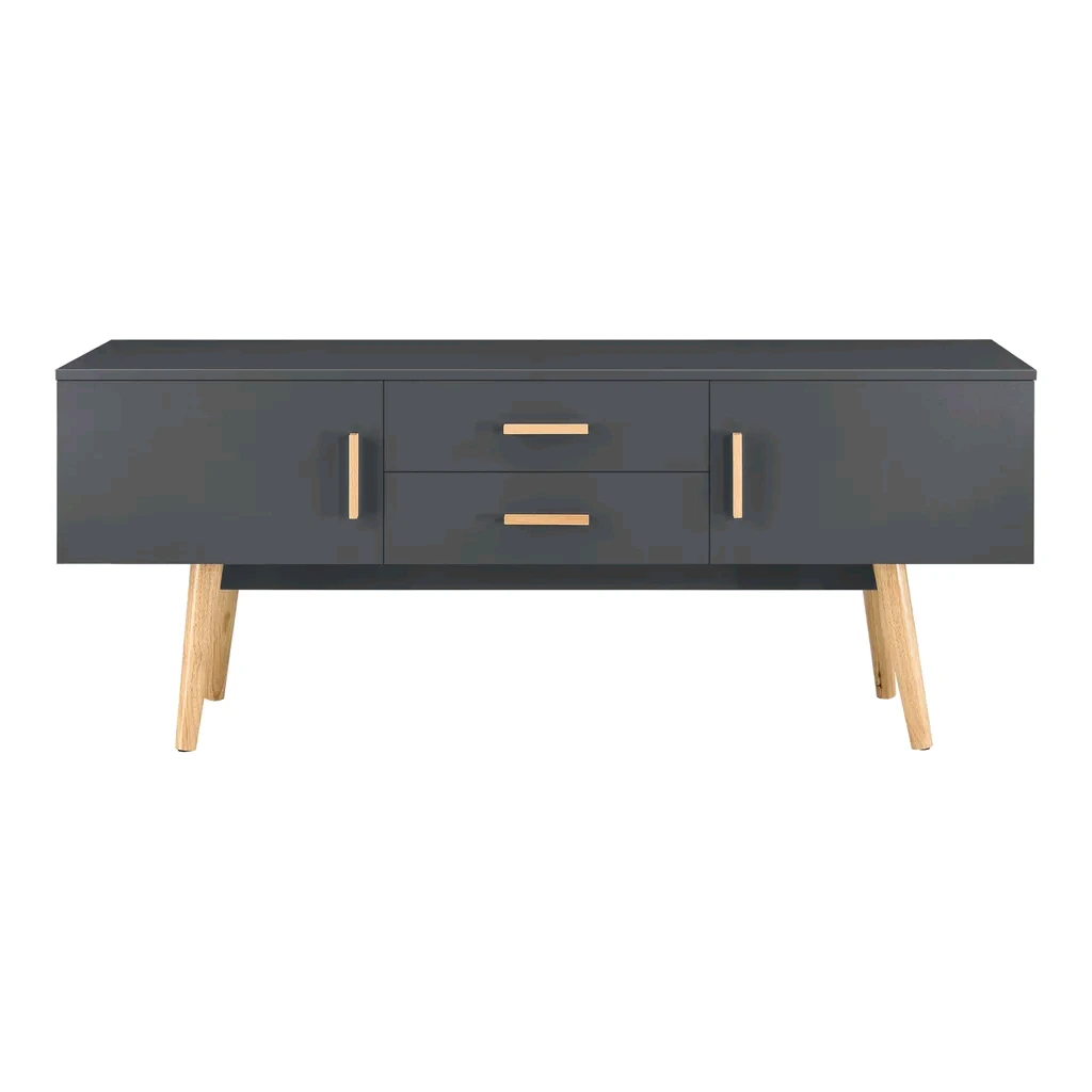Meuble TV en bois avec 2 portes de placard et 2 tiroirs, meuble TV noir 1