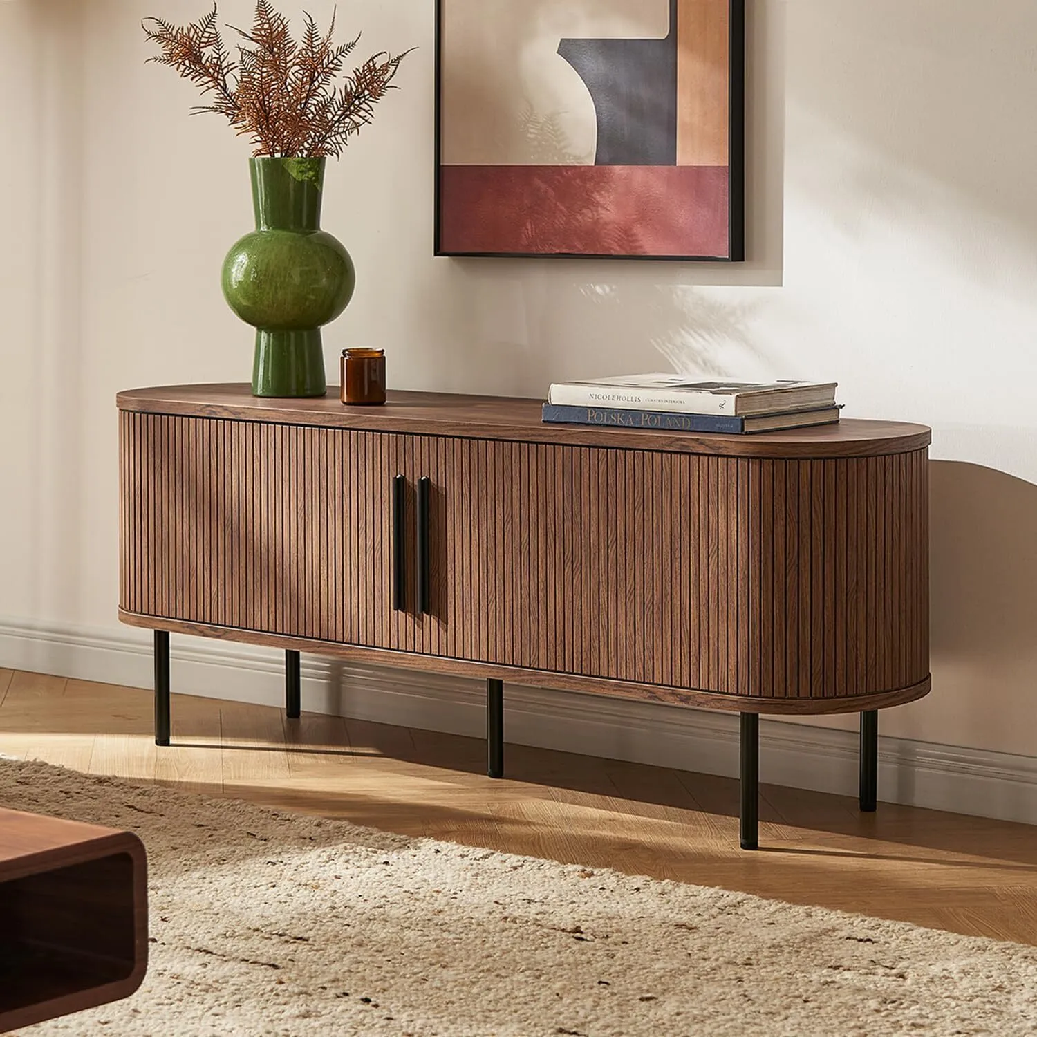 Consola de TV moderna de mediados de siglo, soportes de televisión para TV de 65 pulgadas, gabinete de almacenamiento de medios de madera 1