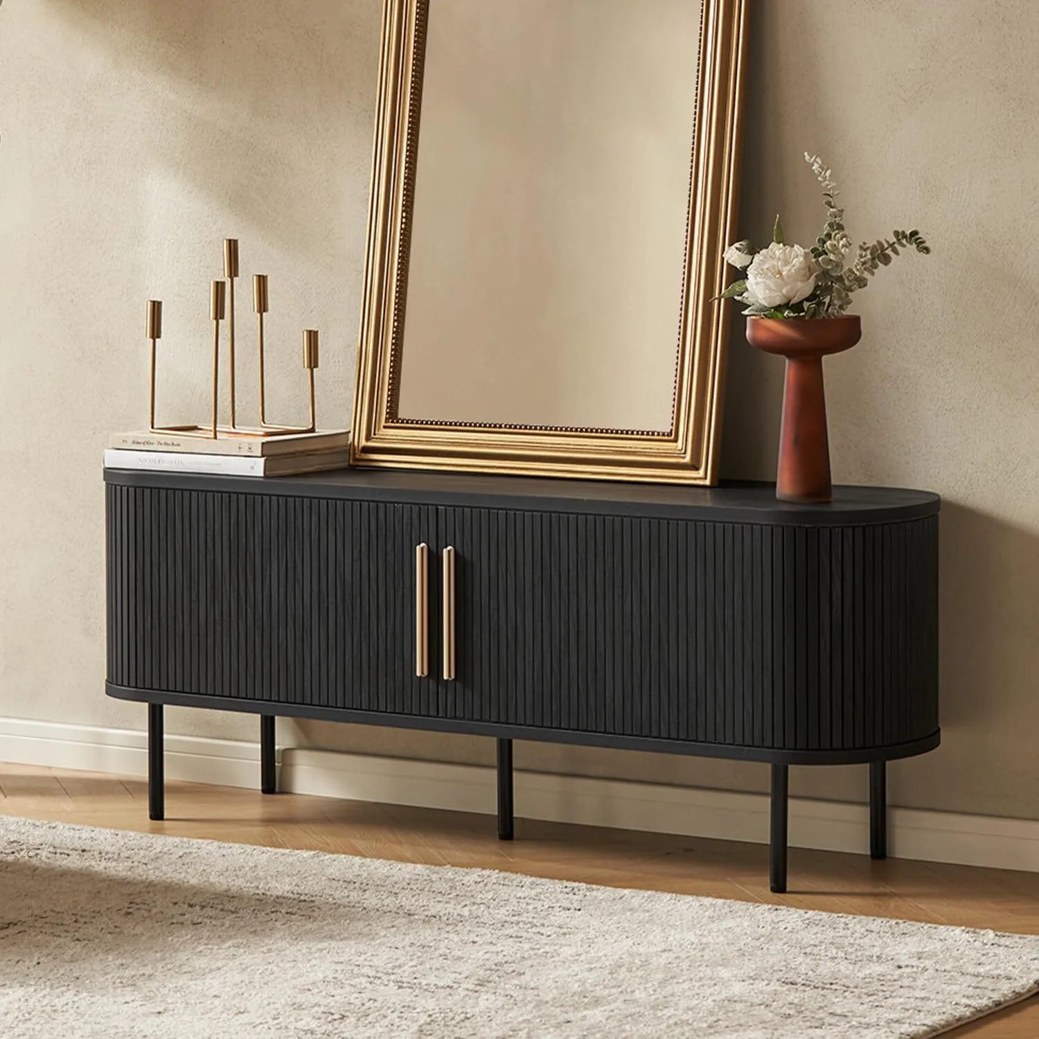 Soporte para TV, consola de TV moderna de mediados de siglo, gabinete de almacenamiento de medios de madera, soporte de mesa, sala de estar (negro) 1