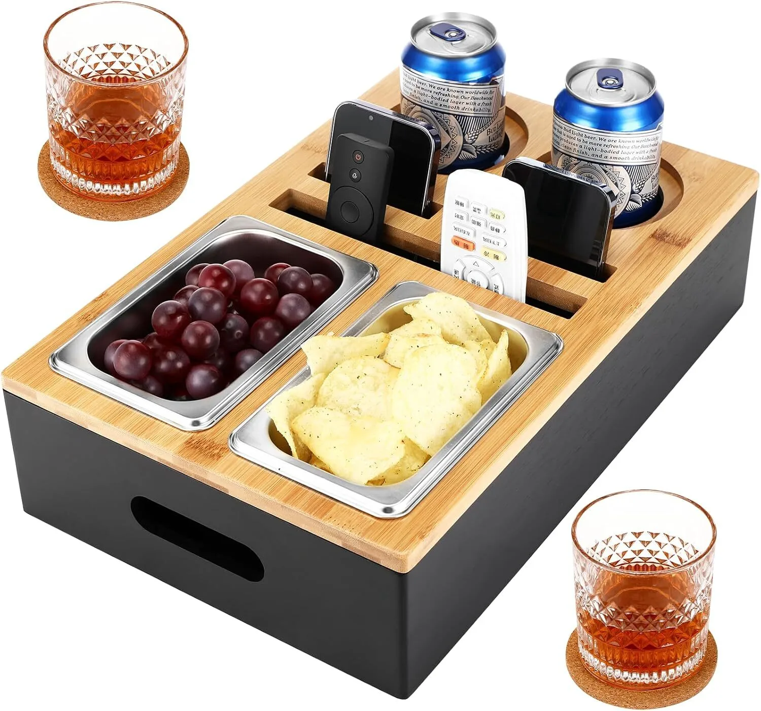 Plateau de canapé en bambou, bar de canapé, bar de canapé, boîte à collation, 2 avec bols à collation en acier inoxydable, organisateur de canapé, adapté au salon 1