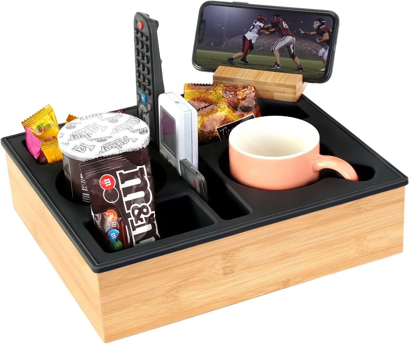 Silicone Bamboo Couch Caddy with Rotatable Phone Holder,Couch Cup Holder Tray for Bed Car Seat Organizer 1