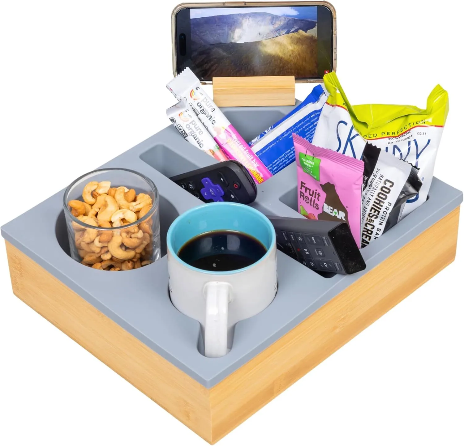 Porte-boissons de canapé Anti-déversement étanche, caddie de canapé en bambou et Silicone avec support de téléphone rotatif pour organisateur de siège de voiture de lit 1