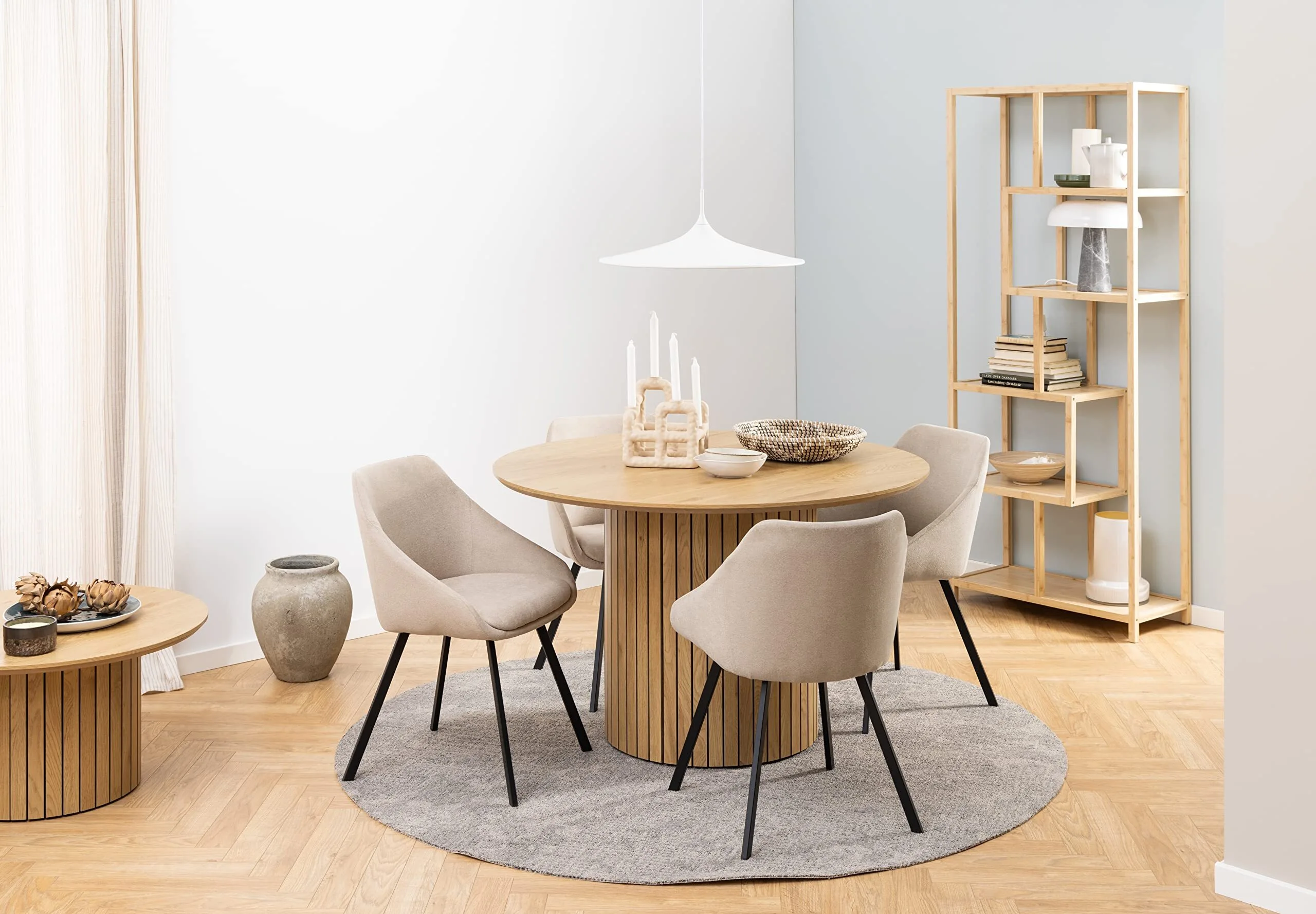 Mesa de comedor redondo Efecto de roble salvaje para una base de 4 - columnas, 120 cm de diámetro 1