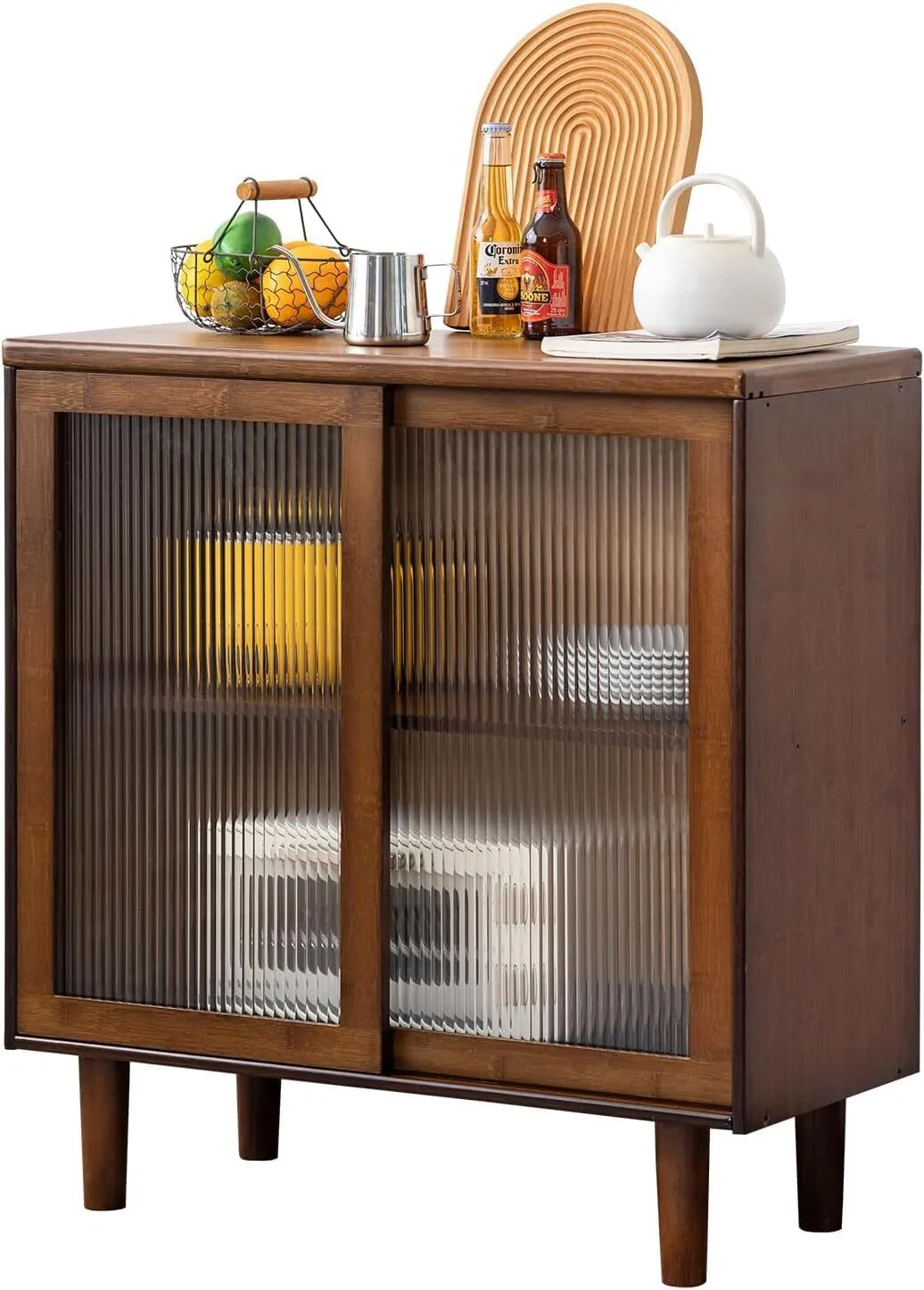 Aparador tipo buffet, aparador de bambú con espacio de almacenamiento, vitrina de cocina con estantes de 2 niveles, mesas de bar estilo bohemio para cocina, sala de estar, entrada, oficina, nogal 1
