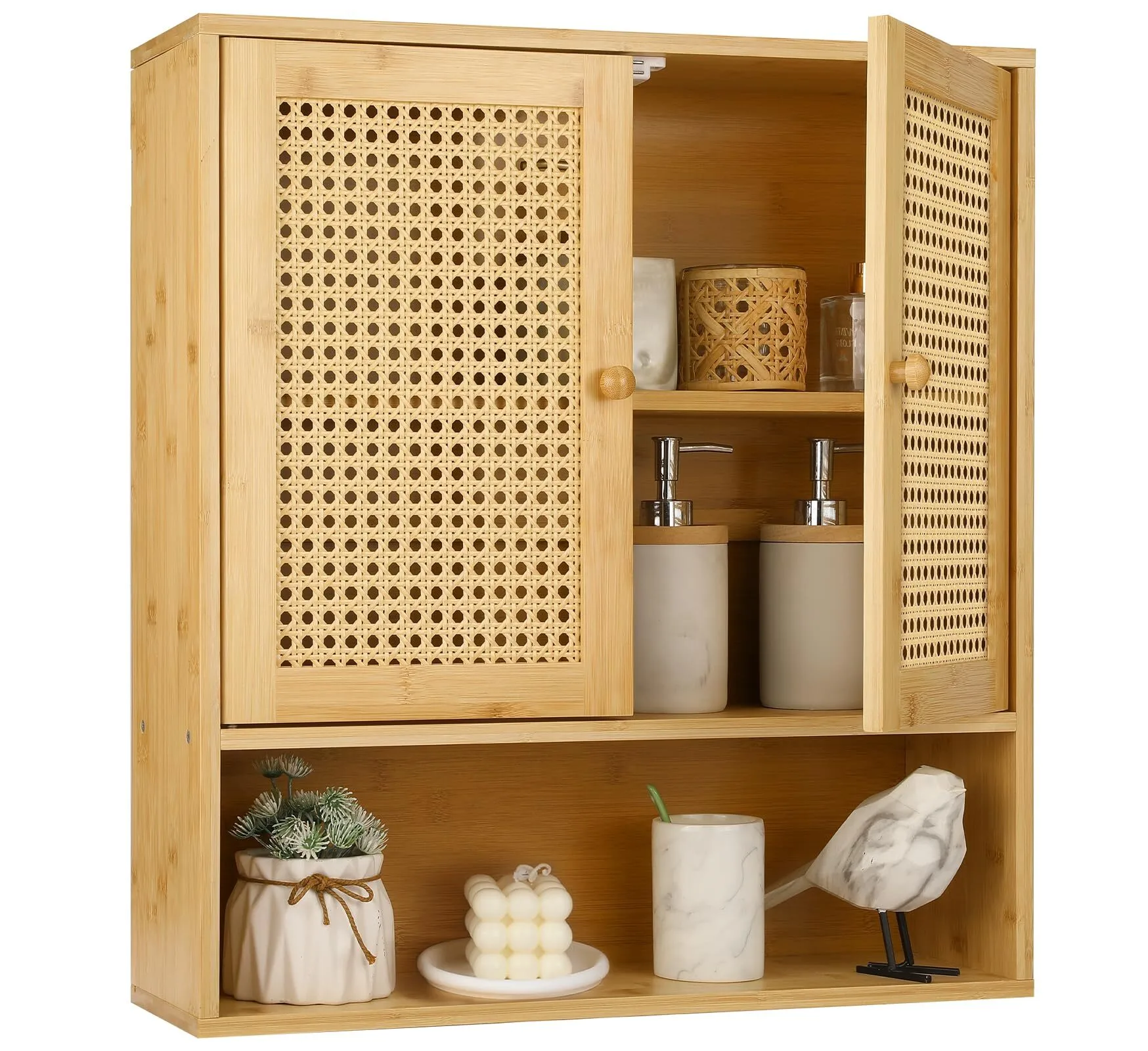 Gabinete de almacenamiento de baño de bambú montado en la pared, botiquín de ratán con estantes y puertas, gabinete de pared sobre el inodoro, estantes para toallas, organizador de almacenamiento para lavadero, cocina, sala de estar 1