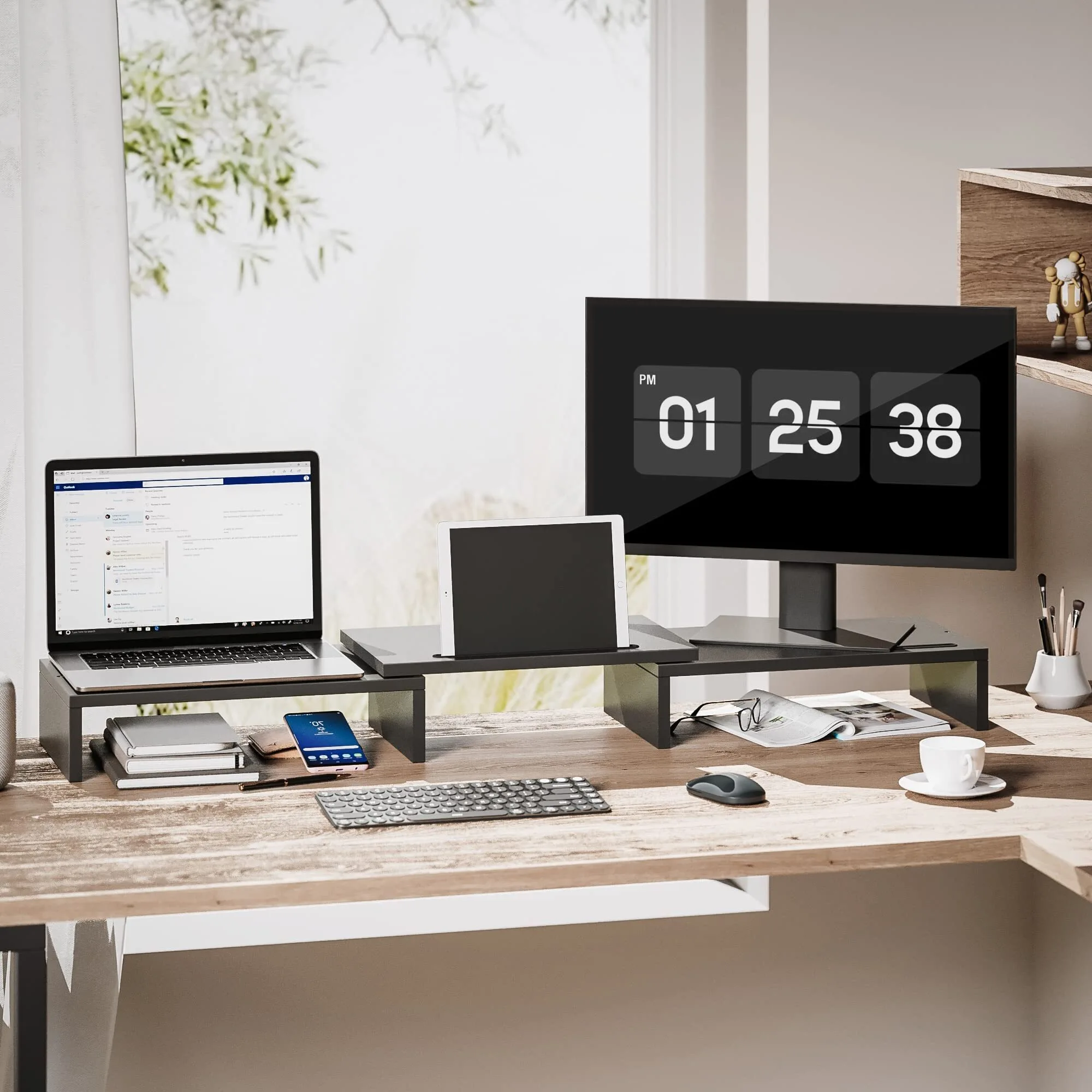 Mondeer Monitor Stand for Desks, Dual Computer Screen Riser Wood with Adjustable Length, Swivel Angle, 3 Extra Organizer Slots with Cable Management for Laptop, PC, Printer, Tablet, Black 1