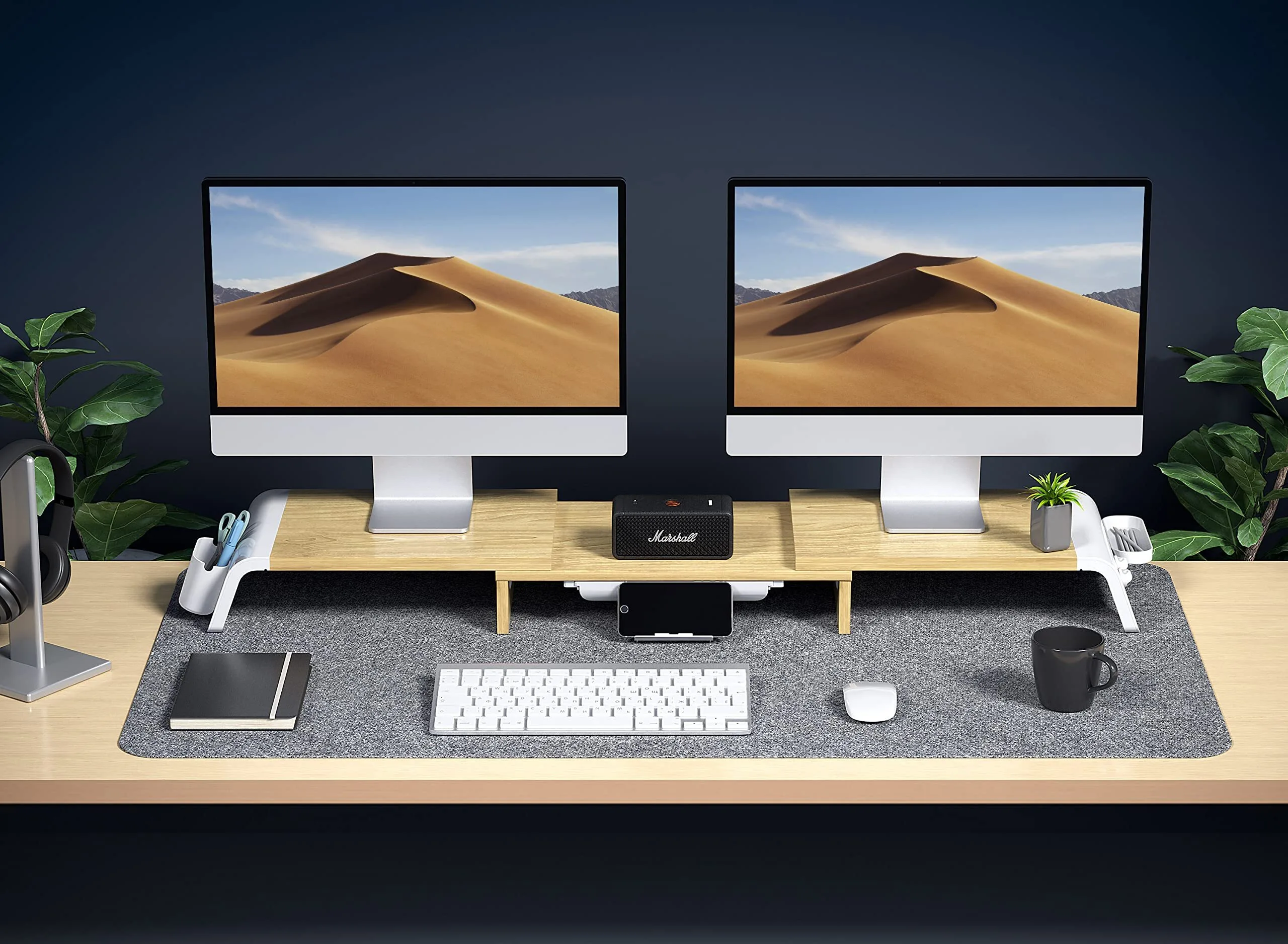 Dual Monitor Stand with Drawers and Storage Space, MDF Screen Stand for Computer TV Laptop, Monitor Stand Swivel Length Adjustable with Phone Holder 1