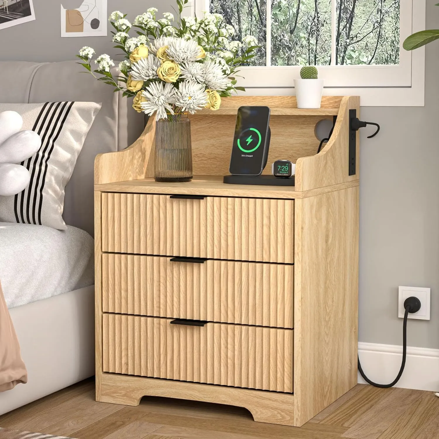 Mid-Century Wood Nightstand with Charging Station and 3 Drawers 1