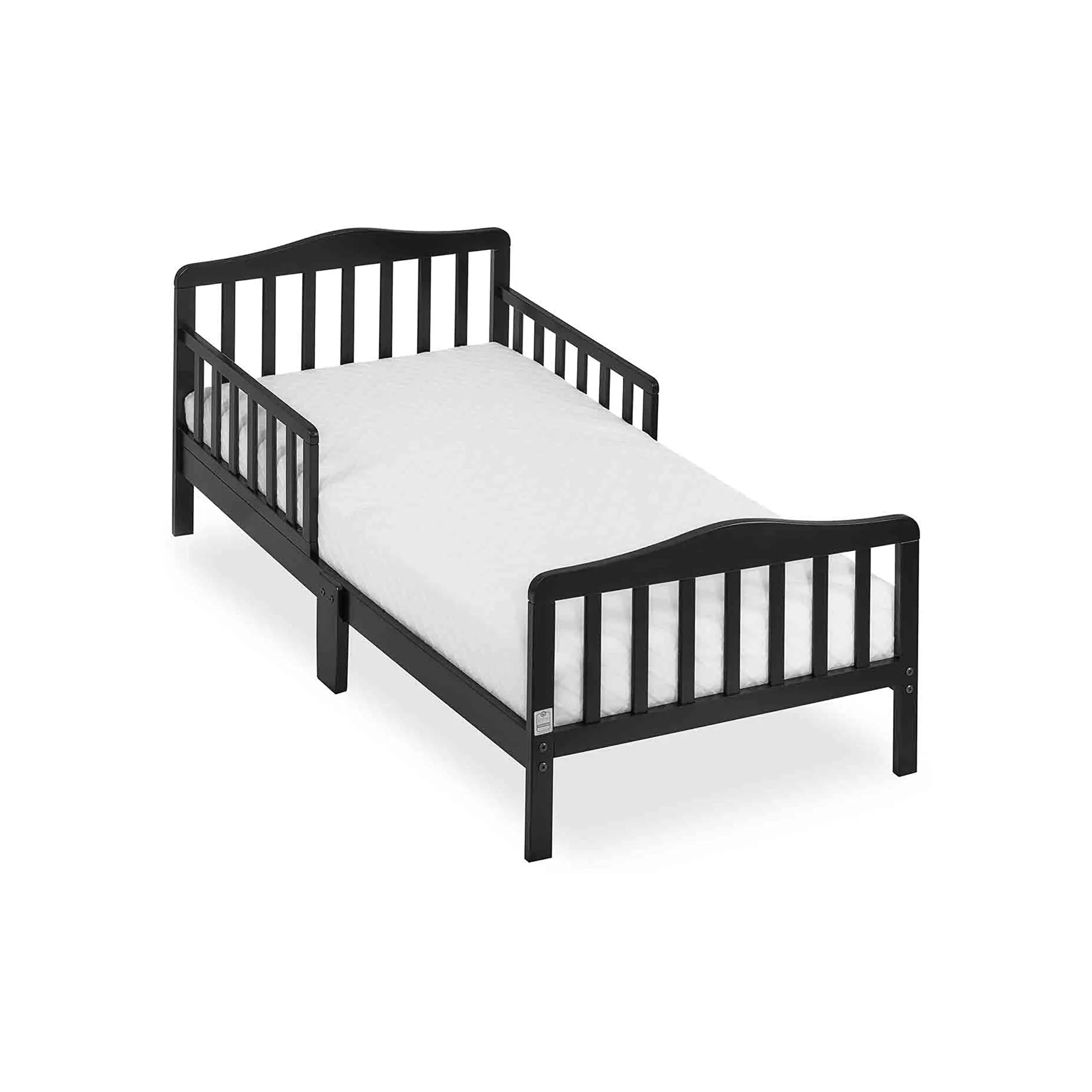 Cama infantil de diseño clásico en color negro con diseño natural de bajo a suelo y dos barandillas de seguridad laterales 1