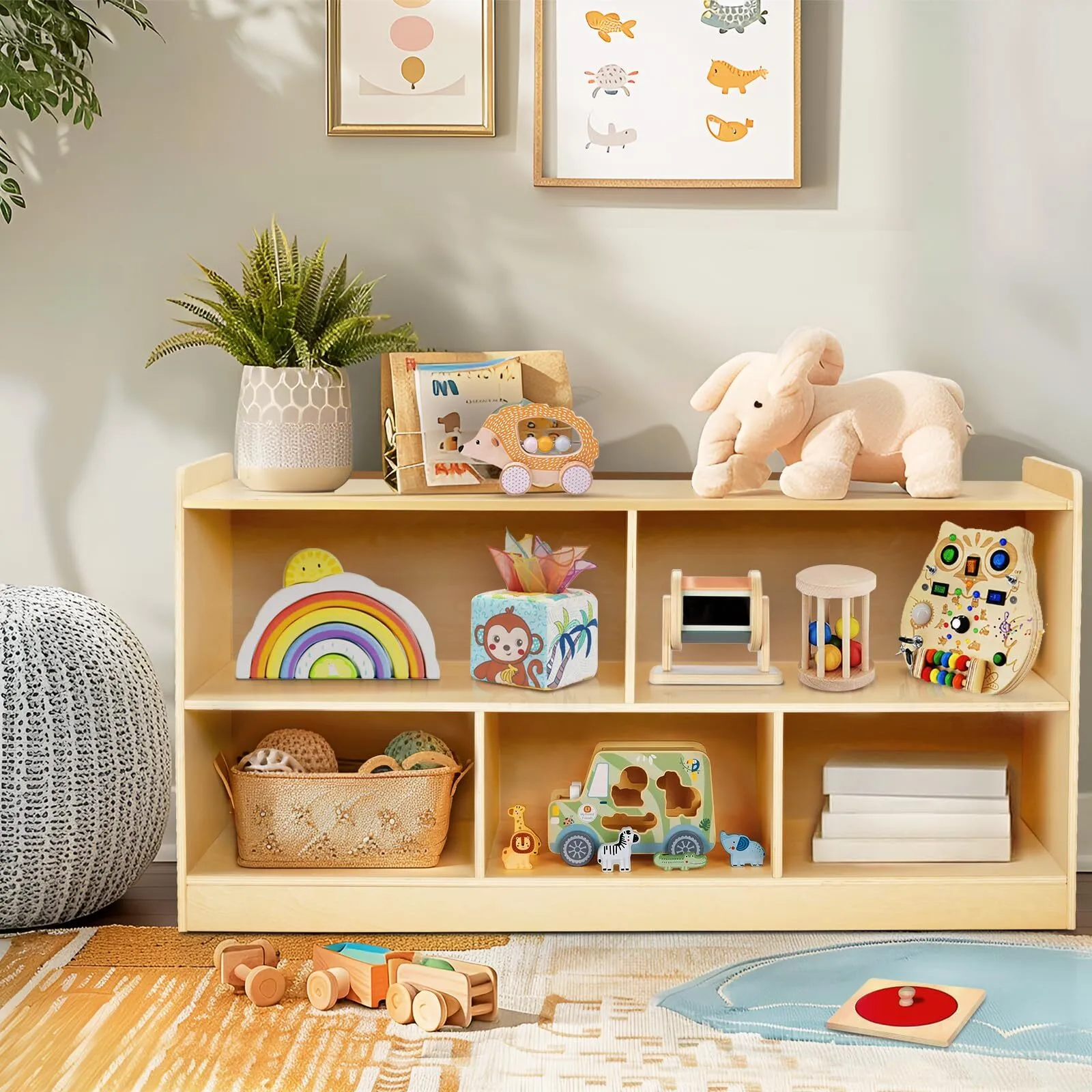 Montessori Shelf, Wooden Toy Storage Organizer for Books Toys, 2 Shelf Bookcase, 5-Section Storage Cabinet, Toddler Book Shelf for Kids Rooms, Playroom, Nursery, Kindergarten (Natural) 1