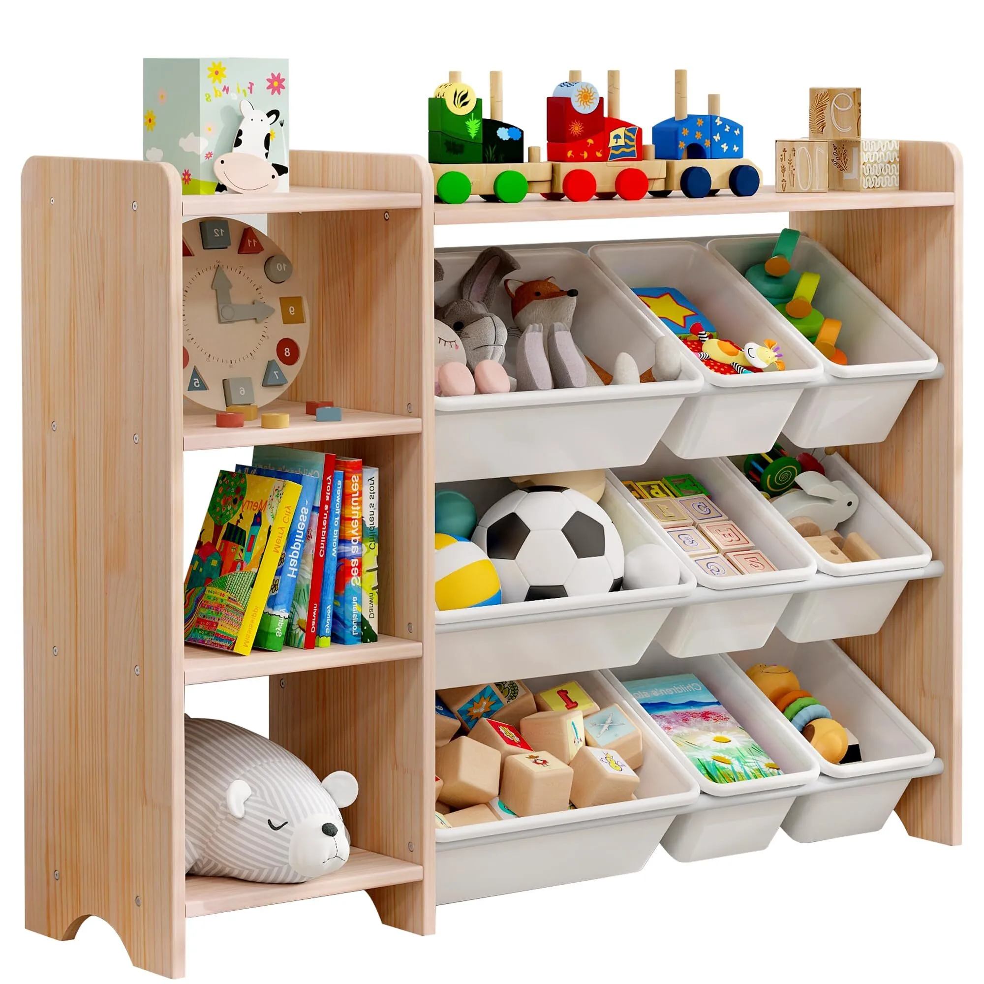 Estante organizador de juguetes para niños de 4 niveles: 100 % madera maciza, armario de almacenamiento para niños con 9 compartimentos de plástico y 3 puertos de almacenamiento (barniz de un solo color) 1