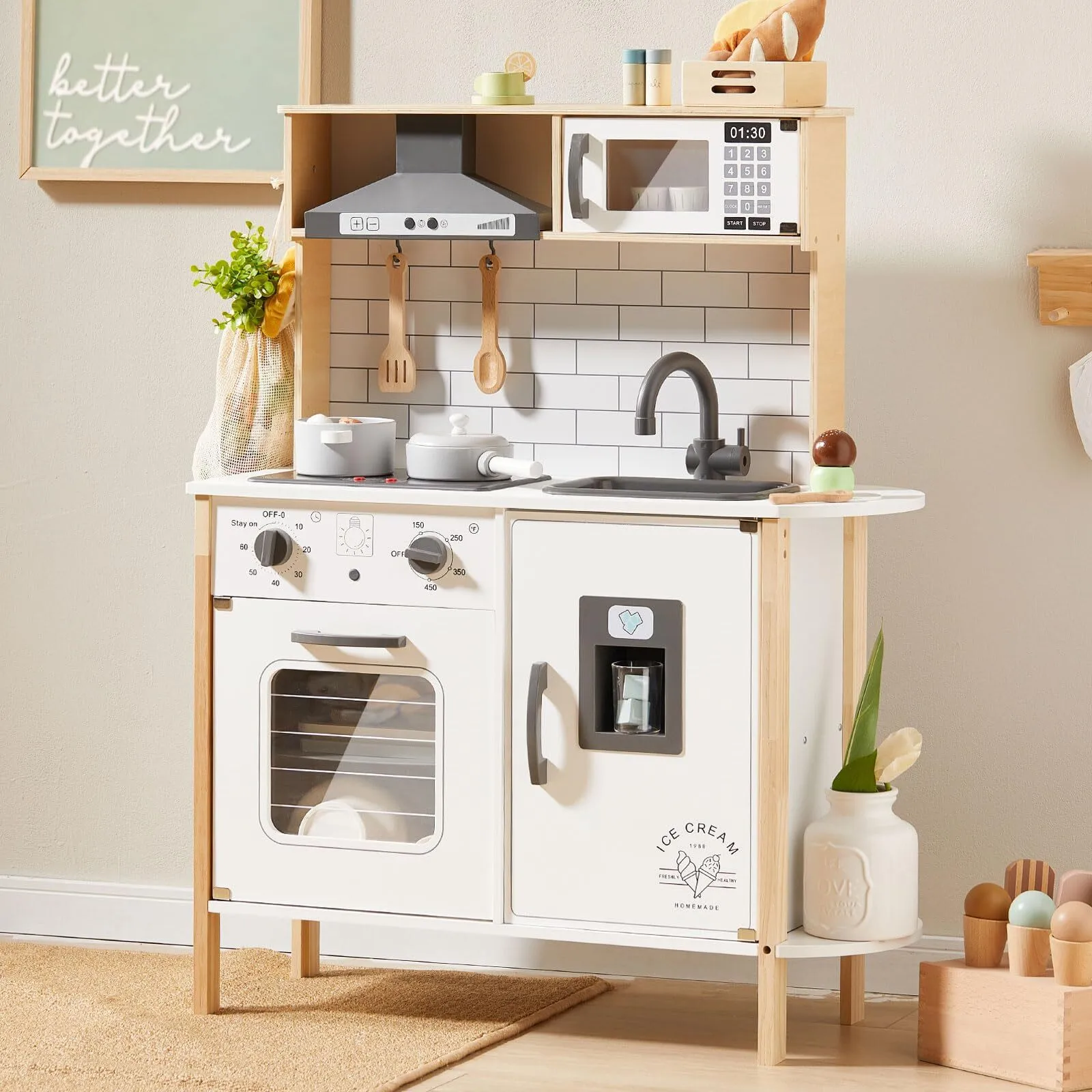 Play Kitchen for Kids, Wooden Kids Play Kitchen Playset Chef Pretend Play Set for Toddlers with Real Lights & Sounds, Toys Kitchen with 18 Pcs Toy Food & Cookware Accessories 1