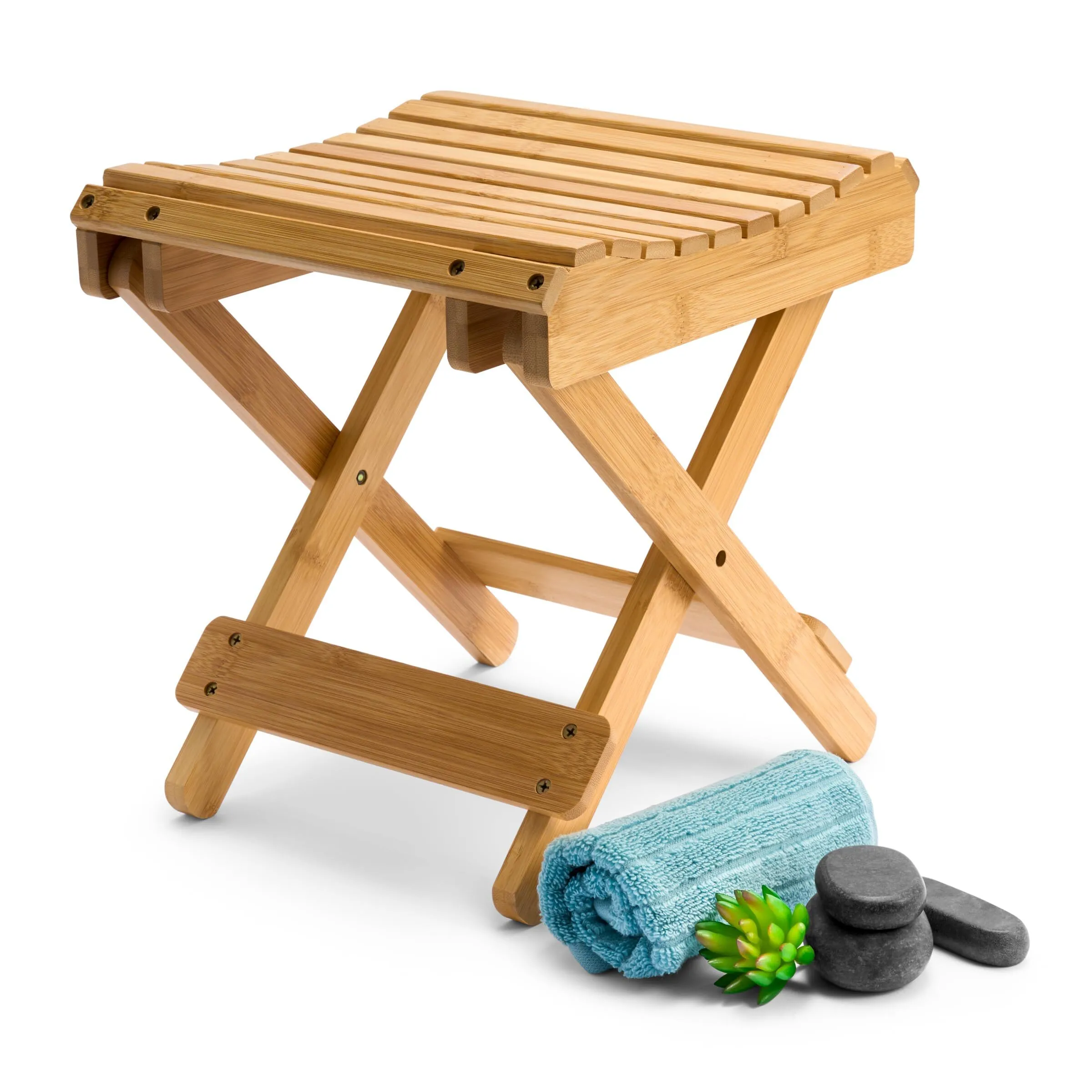 Tabouret-escabeau pliant en bambou (marron) pour le rasage, repose-pieds de douche, chaise de bain – Idéal pour la salle de bain 1